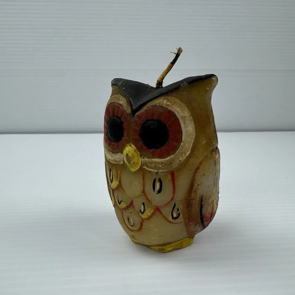 Vintage Hand Painted Owl Figural Candle Mid Century Paraffin Wax Retro Decor